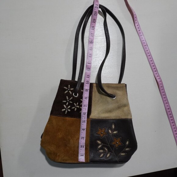 Suede / leather color block front side purse long shoulder straps - Picture 6 of 8